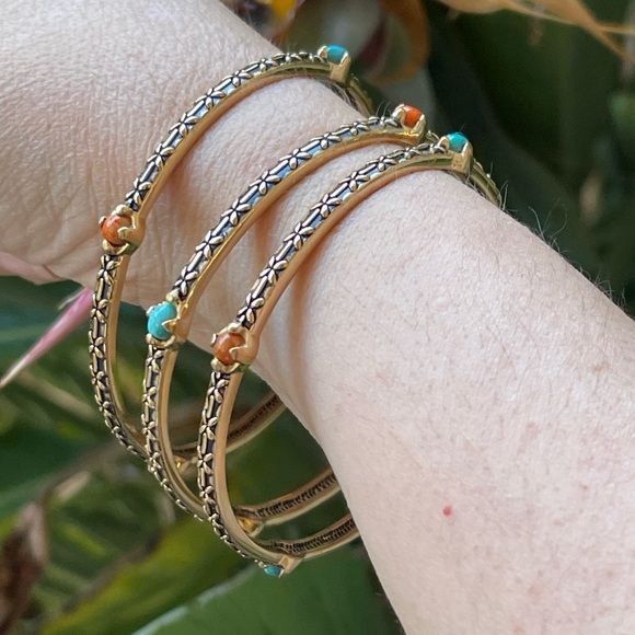 BARSE Bundle of 3 turquoise and agate signed antique bronze color metal bangles - Picture 5 of 8